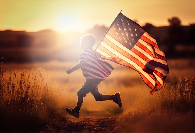 Vista de una bandera estadounidense para niños mientras corre en un hermoso campo de trigo