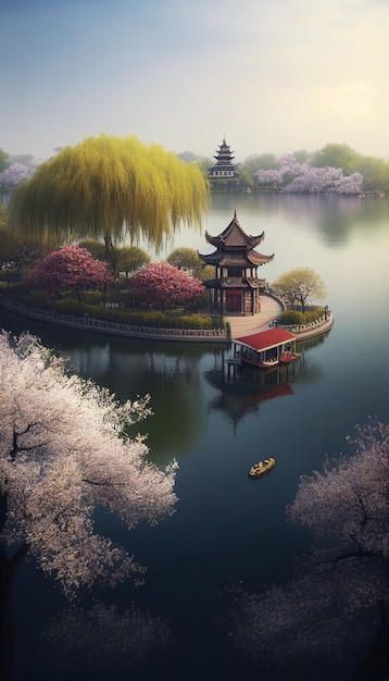 Vista del barco en el agua con ai generativo de fondo de pagoda