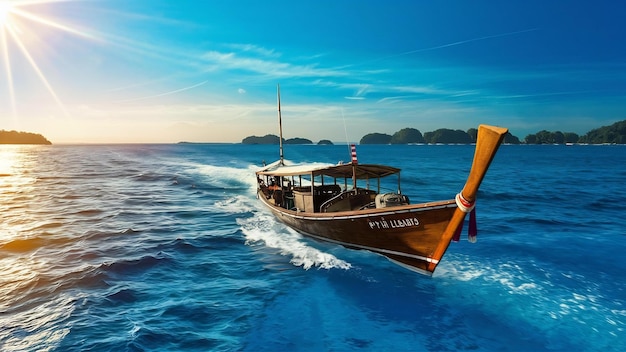 Foto vista del barco tradicional tailandés de cola larga sobre el mar claro y el cielo en el día soleado de las islas phi phi