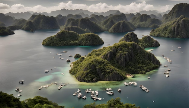 una vista de barcos en el agua con las montañas en el fondo