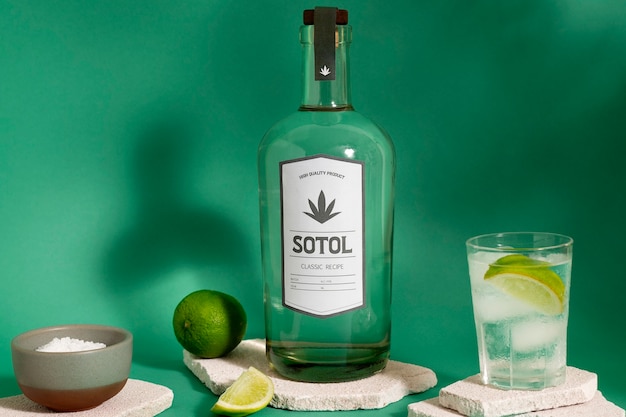 Vista de la bebida sotol mexicana con una botella de vidrio