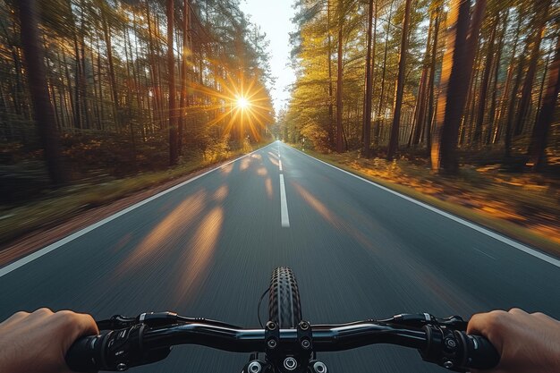 una vista en bicicleta de la carretera de primavera a la luz del sol fotografía profesional