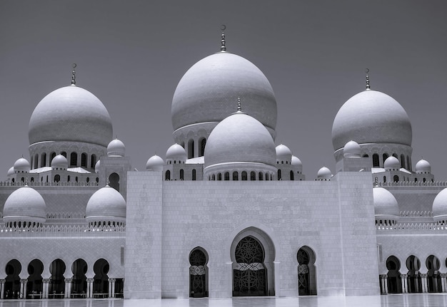 Vista en blanco y negro de la Gran Mezquita Sheikh Zayed en Abu Dhabi, Emiratos Árabes Unidos