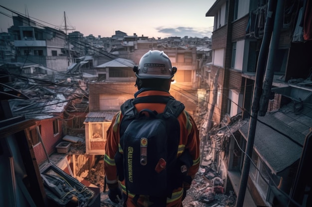 Vista del bombero rescatista entre los edificios afectados ai generativa