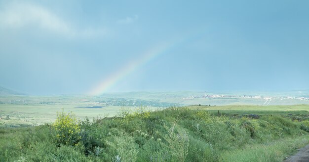 Vista bonita. Arco-íris sobre o campo de verão