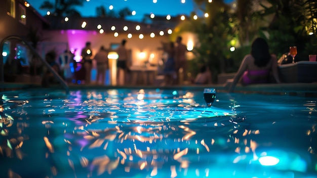 Vista borrada de uma piscina à noite com um copo de vinho flutuante em primeiro plano e uma festa acontecendo ao fundo