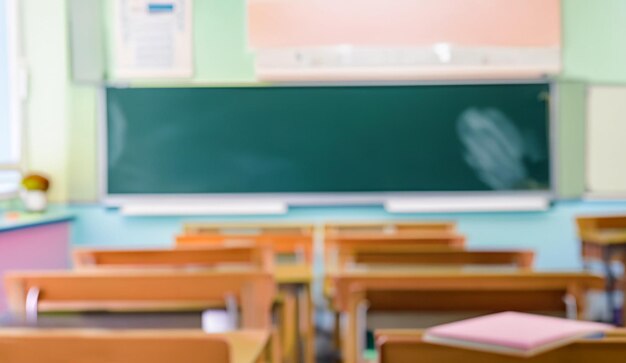 Foto vista borrosa de la clase de vuelta al fondo del estandarte de la escuela