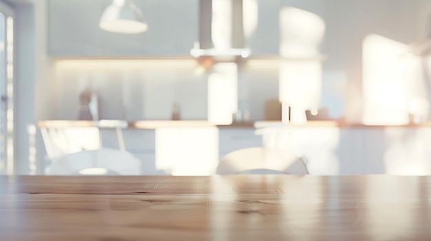 Foto vista borrosa de una cocina moderna con muebles blancos con mesa de madera ia generativa