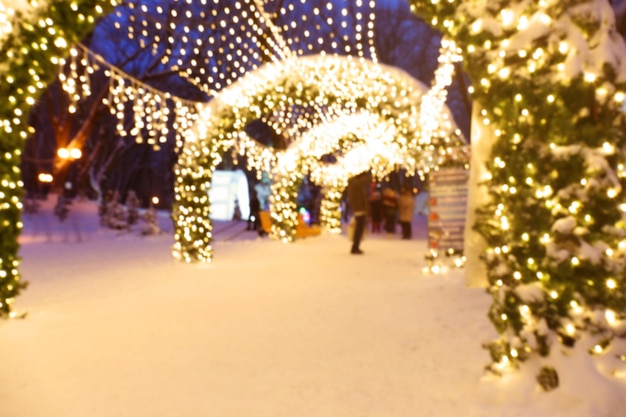 Vista borrosa del hermoso parque de invierno con luces de Navidad