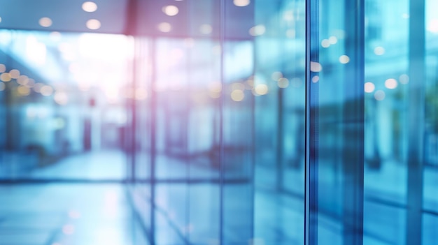 Vista borrosa del interior de un edificio de oficinas moderno con paredes de vidrio que reflejan un tono azul fresco y exudan una elegante atmósfera corporativa