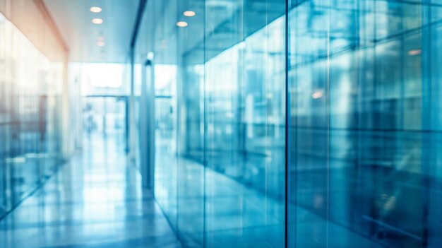 Vista borrosa del interior de un edificio de oficinas moderno con paredes de vidrio que reflejan un tono azul fresco y exudan una elegante atmósfera corporativa