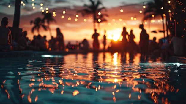 vista borrosa de personas disfrutando de las festividades en una fiesta de playa junto a la piscina