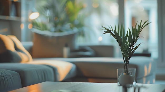 Vista borrosa de la sala de estar moderna con sofá y banco suave interior de la habitación con sofá IA generativa