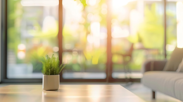 Vista borrosa de la sala de estar moderna con sofá y banco suave interior de la habitación con sofá IA generativa