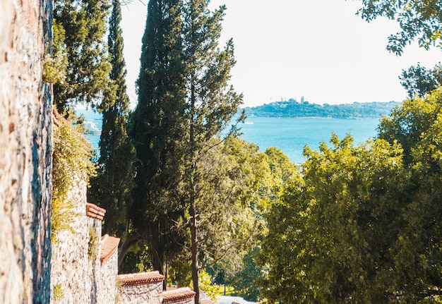 Una vista del Bósforo y la mezquita turca desde arriba en el distrito de Arnavutkoy de Estambul