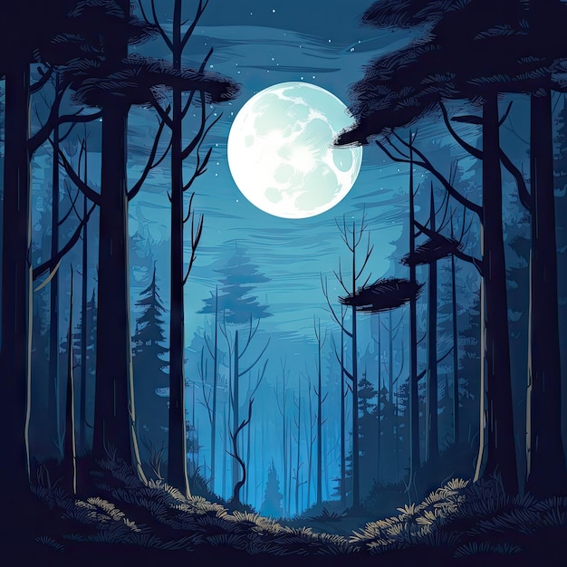 Vista del bosque con fondo de luna llena