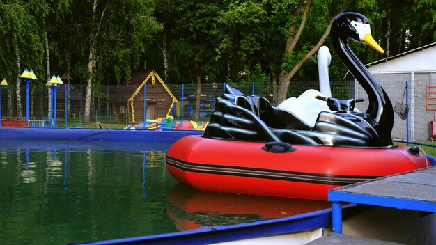 Vista de botes inflables en forma de pájaros cisne pelícano en el agua de la piscina en primavera