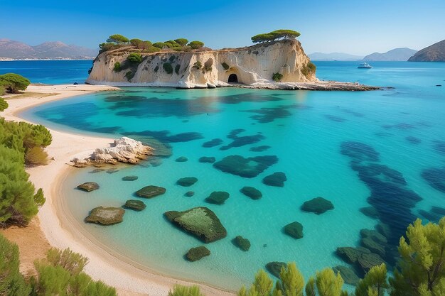 Vista brillante de primavera de la isla de Cameo Escena matutina pintoresca en la isla de Port Sostis Zakinthos Grecia Europa Belleza de la naturaleza concepto de fondo