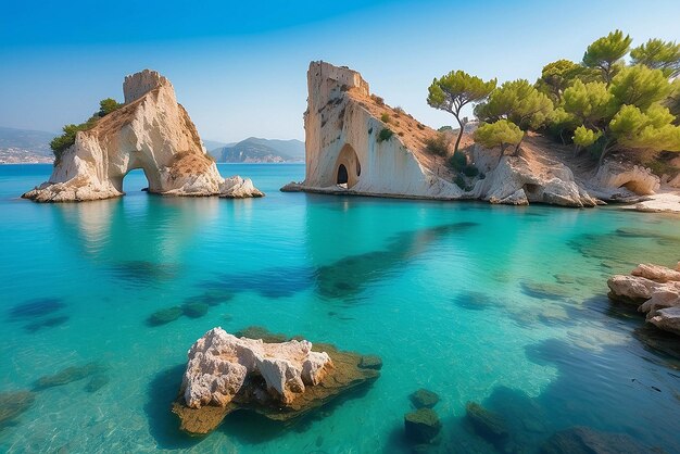 Foto vista brillante de primavera de la isla de cameo escena matutina pintoresca en el puerto de sostis isla de zakynthos grecia europa belleza de la naturaleza concepto de fondo