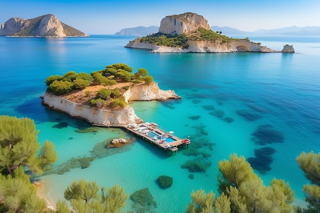 Vista brillante de primavera de la isla de Cameo Escena matutina pintoresca en el puerto de Sostis Isla de Zakynthos Grecia Europa Belleza de la naturaleza concepto de fondo