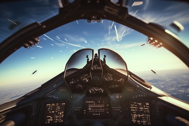 Foto vista de la cabina del avión de combate durante un descenso rápido em 00284 00