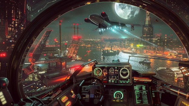 una vista de la cabina de un avión con la luna en el cielo