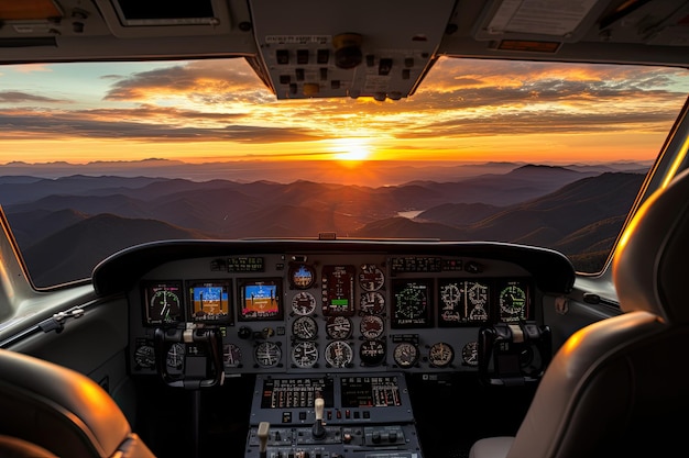 Vista desde la cabina de un avión pequeño con vistas a las montañas al atardecer Vista del atardecer sobre las montañas Blue Ridge desde la cabina de un avión privado Fondo del cielo AI generado