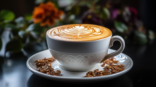 Vista de café capuchino caliente con hermoso caramelo en taza blanca en una mesa de mármol