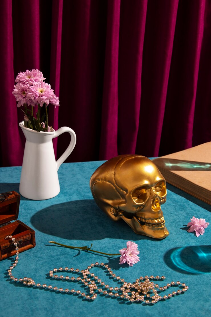 Foto vista de calavera dorada con florero y joyas.