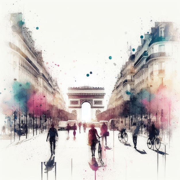 Vista de la calle Avenue des Champs Elysees de París en pintura con tinta de salpicaduras con IA generativa
