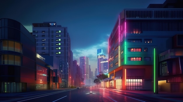 Vista de la calle en la carretera con un edificio moderno en la azotea con una escena del paisaje urbano Ilustración futurista de tecnologías futuras IA generativa