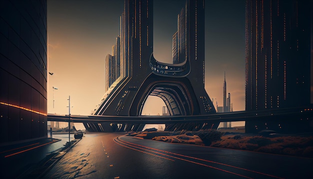 Vista de la calle de la ciudad de ciencia ficción futurista ilustración renderizada digitalmente