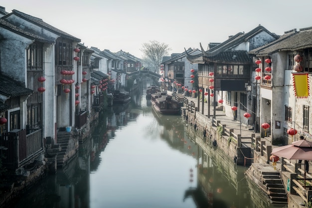 Vista de la calle de edificios antiguos en la ciudad antigua de Suzhou