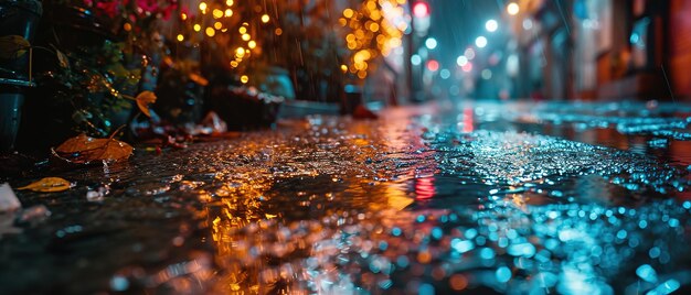 vista de una calle húmeda por la noche con luces