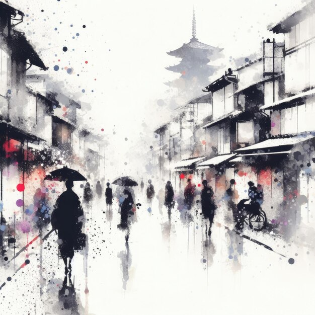 Vista de la calle Kyoto Gion en pintura de tinta de salpicaduras con IA generativa