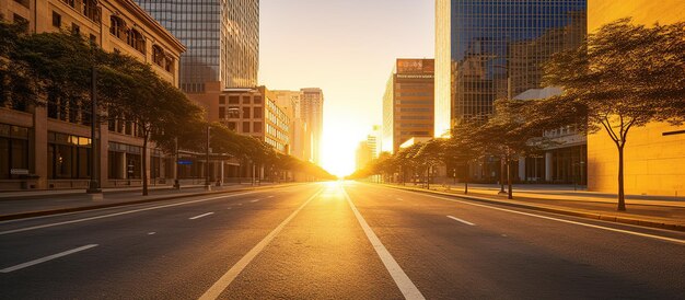 Foto vista de la calle vacía y solitaria del distrito del centro con luz dorada y cálida del atardecer con edificios comerciales