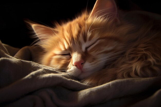 Vista de la cama de una cama con un gato de mascota acurrucado en las almohadas