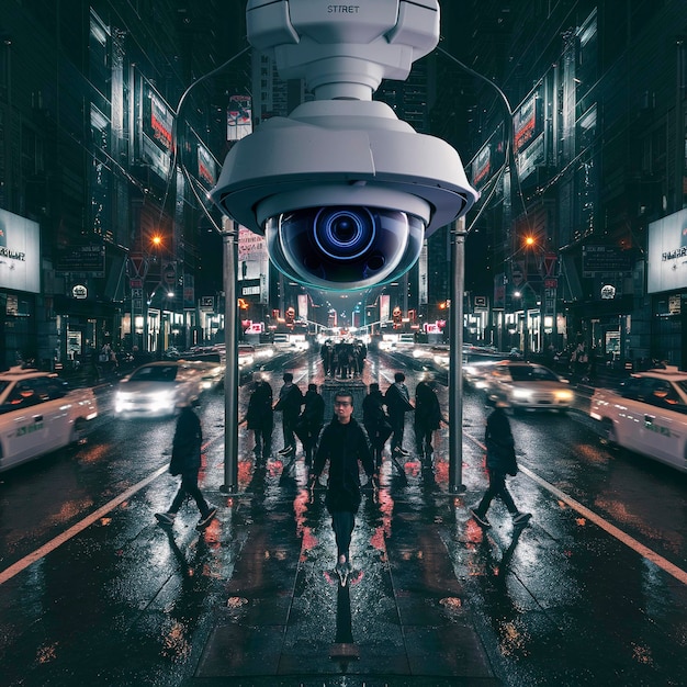Vista de una cámara de CCTV de seguridad en la calle filmando una ciudad nocturna