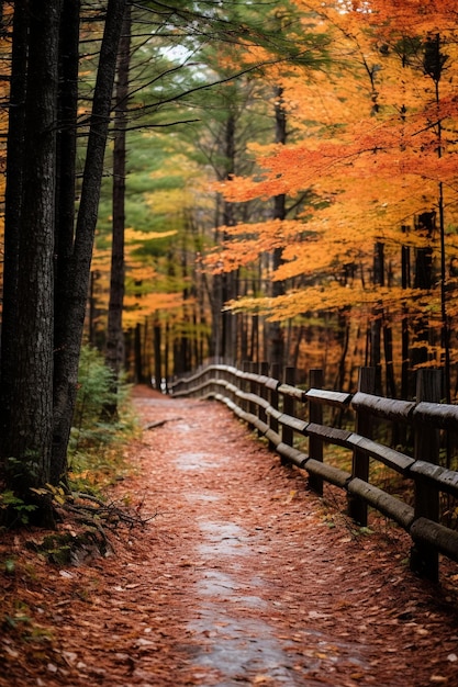 una vista de un camino a través de un bosque con una montaña