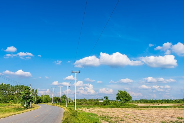 Vista del campo de las carreteras asfaltadas al lado de la naturaleza primaveral y el verde del árbol en el fondo de la luz del día del cielo azul de las nubes esponjosas