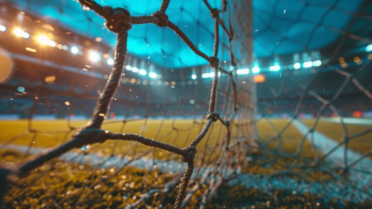 Vista desde el campo de fútbol público primer plano de la meta de fútbol