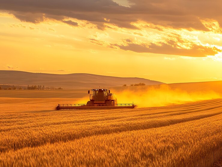 Vista de un campo de trigo y un granjero que opera una máquina de cosecha con un hermoso cielo dorado