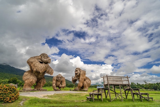 Vista de campos de arroz populares con animales de paja artificiales en el parque Huay Tung Tao en Chiang Mai Tailandia