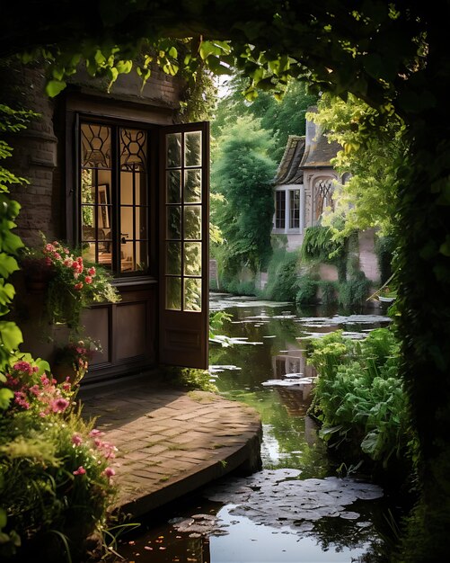 Vista de un canal en el estilo de la puerta de la cabaña de estilo antiguo