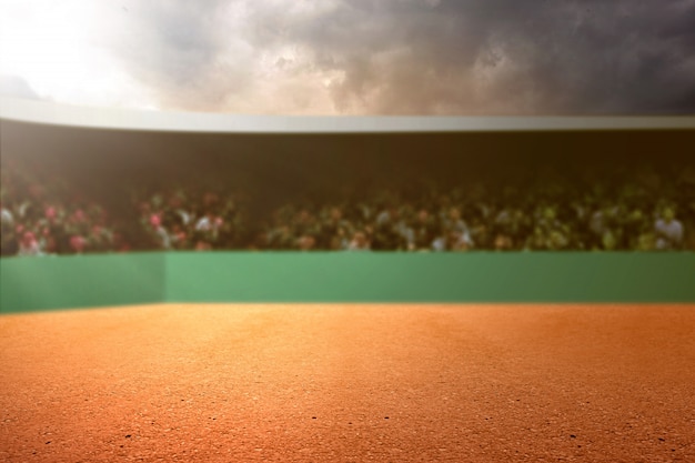 Vista de una cancha de tenis y el asiento de la audiencia.