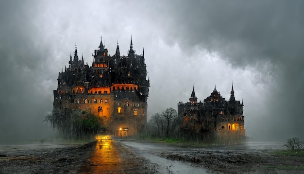 Vista desde la carretera en un antiguo castillo antiguo con torres y picos Vista del castillo de otoño oscuro y oxidado