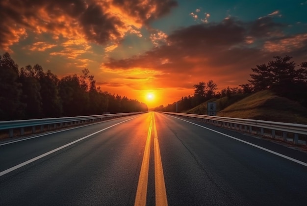 Vista de la carretera asfaltada con hermosa puesta de sol en la noche generativa ai