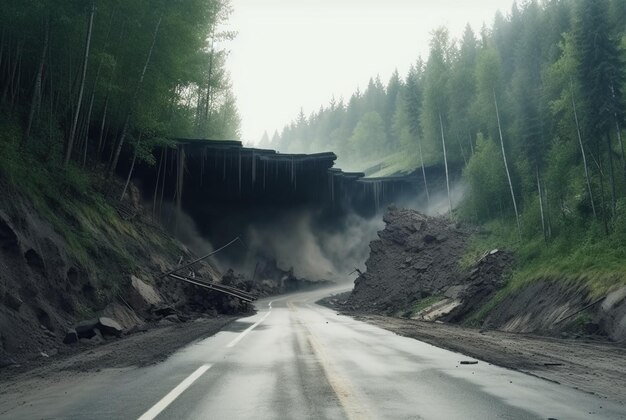 Vista de una carretera asfaltada en medio de un bosque afectado por un deslizamiento de tierra desastre natural generativo ai