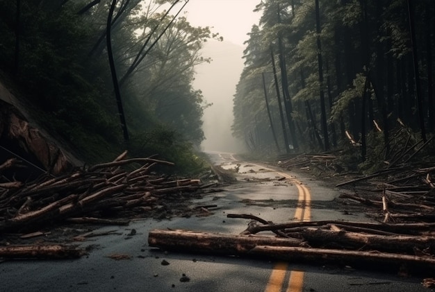 Vista de una carretera asfaltada en medio de un bosque con árboles derrumbándose debido a un desastre natural generativo ai