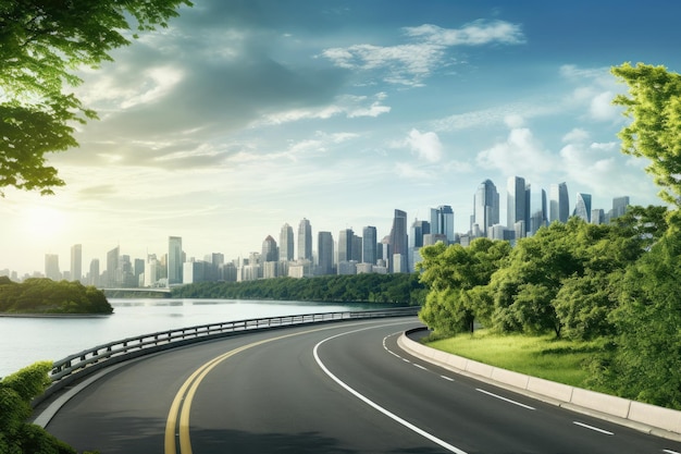 Vista de la carretera con jardín del lago y el horizonte de la ciudad moderna en segundo plano.